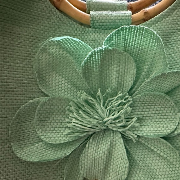 NEIMAN MARCUS Green Floral Tote Bag with Bamboo Handles Vintage 1970’s Beauty - Picture 8 of 15